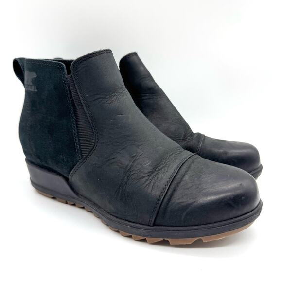 Sorel Evie Pull-On Wedge Bootie Black Leather/Suede Size 9.5 Outdoor Gorpcore - Picture 2 of 12